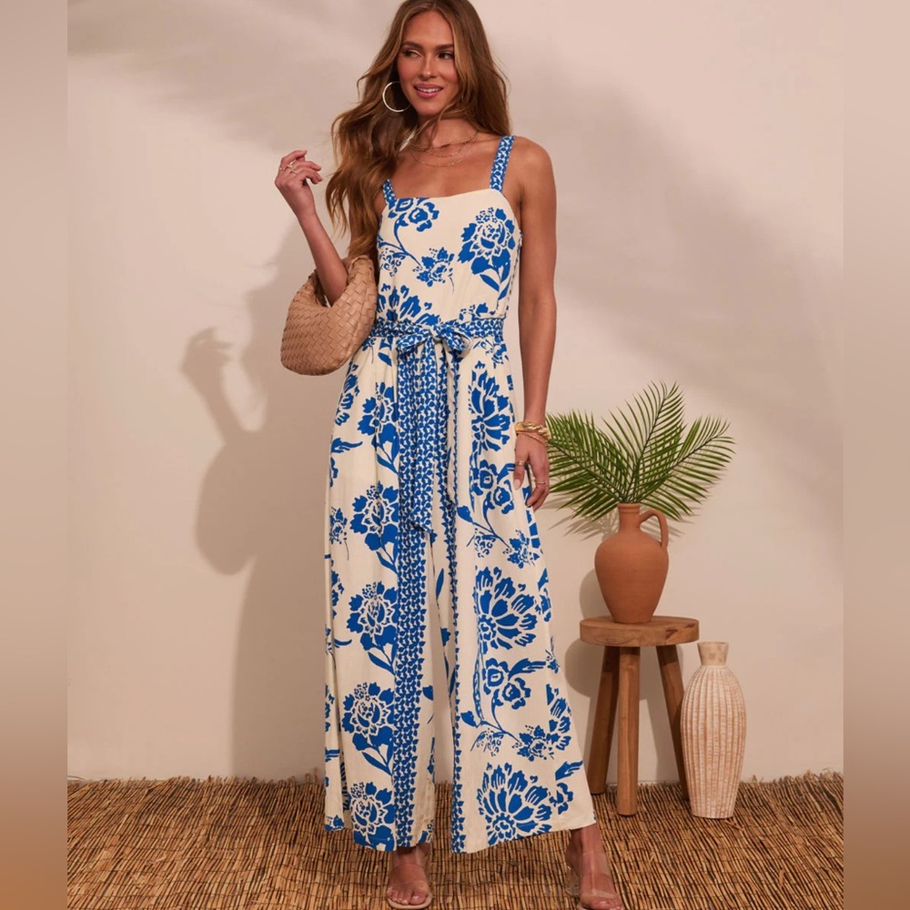 NWT Vici tie waist blue floral jumpsuit
